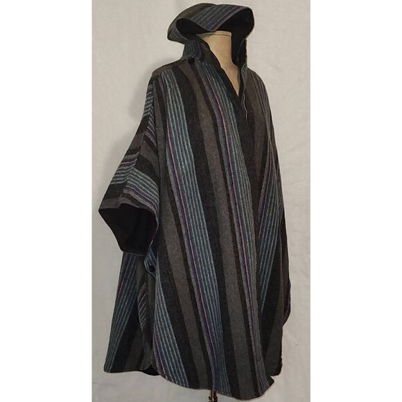 Reversible Hooded Poncho in Felted Wool blend Black/blue striped reverse. NO BRA - Picture 1 of 6